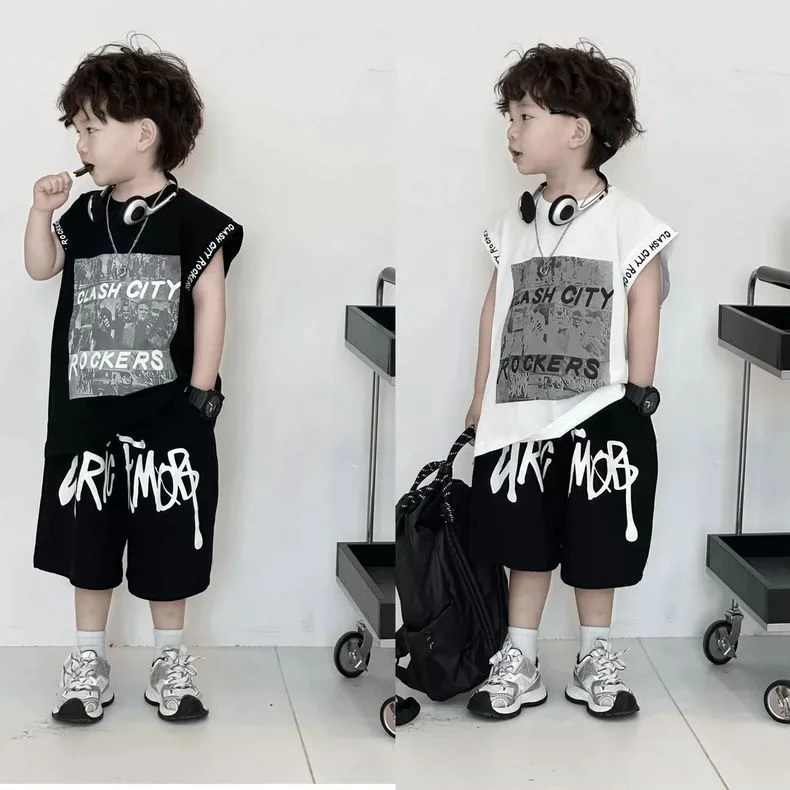 男童痞帅炸街纯棉套装2025夏季新款帅气字母印花背心短裤两件套潮