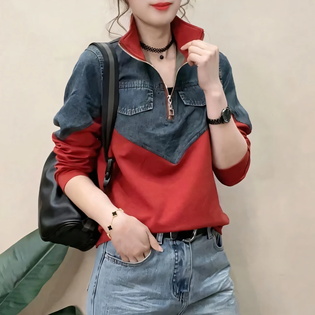 立领卫衣女2025秋季新款休闲半拉链牛仔拼接韩版宽松百搭薄款上衣