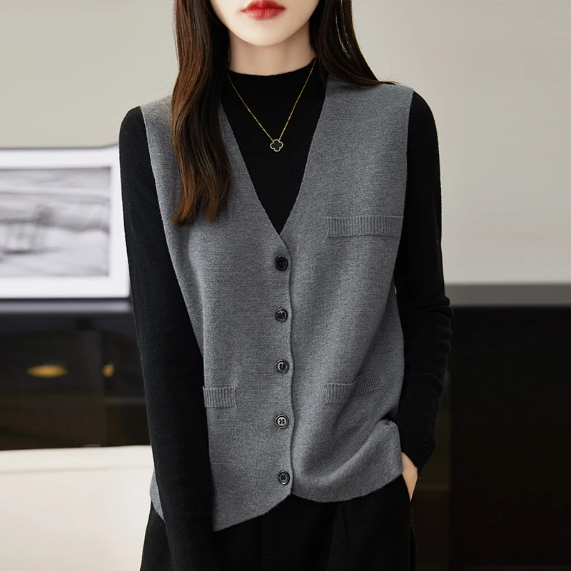 V领开衫马甲女士桑蚕丝莱赛尔天丝精纺羊毛时尚百搭ZS-94019