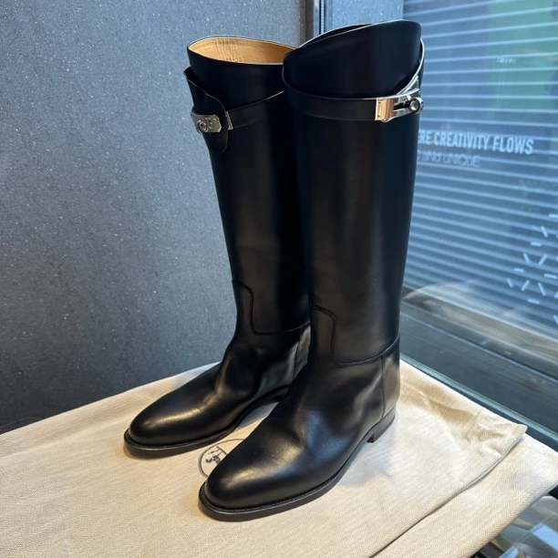99新 Hermes/爱马仕 爱马仕黑银kelly长靴37.5码 附尘袋