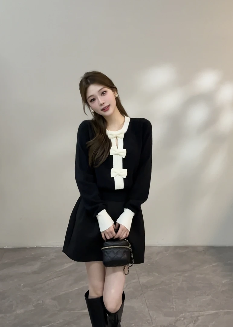 【宥妍】秋冬季千金名媛小香风蝴蝶结针织衫法式上衣DT1663