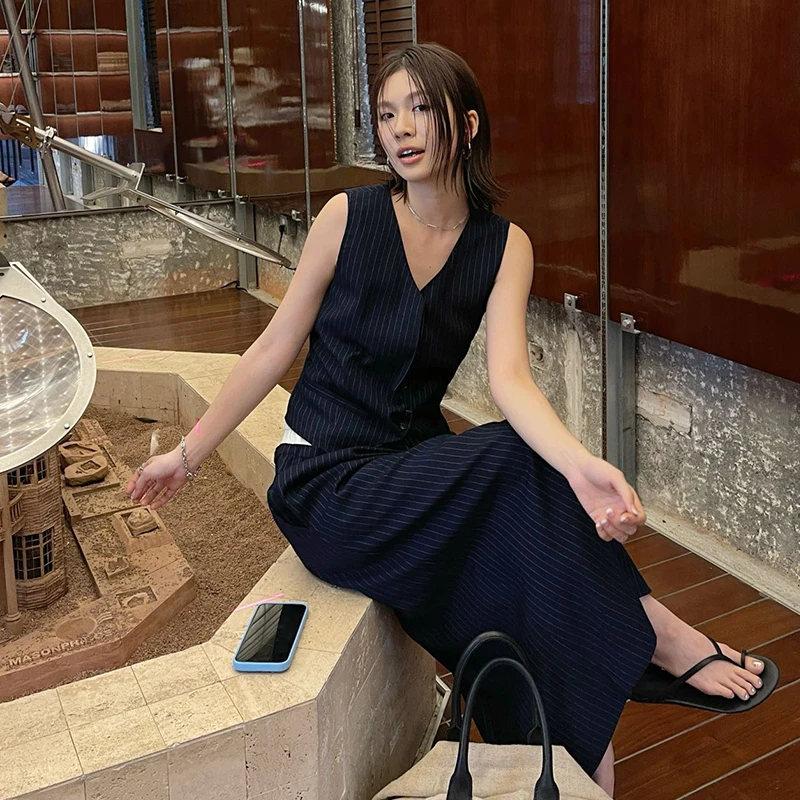 PURITY YH小众简约藏蓝色竖纹马甲上衣松紧腰半身裙气质套装女
