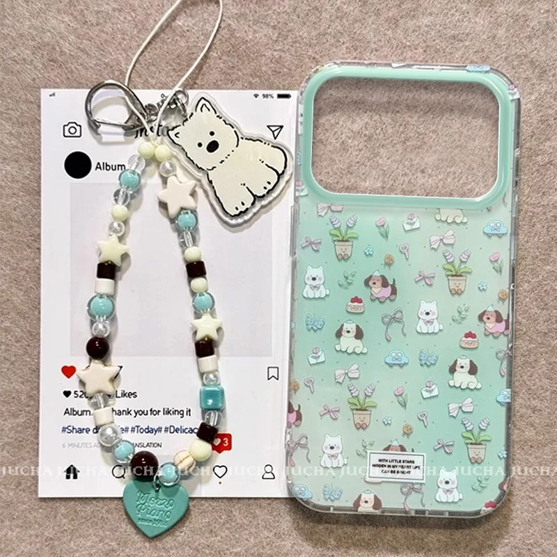 适用薄荷绿碎花狗苹果17pro手机壳带挂链小众iphone16plus新款15