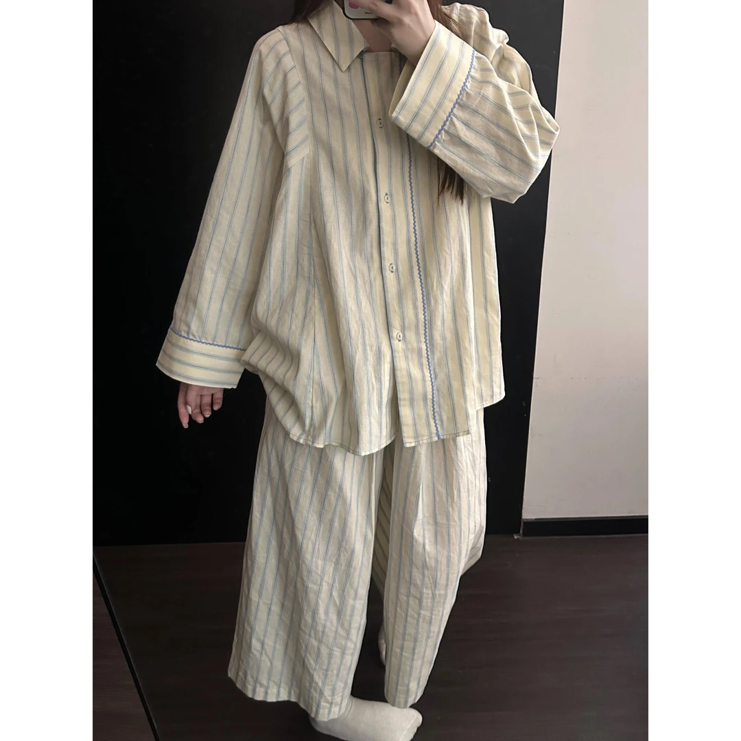 韩版简约条纹长袖睡衣女春秋新款宽松休闲开衫长裤家居服套装外穿