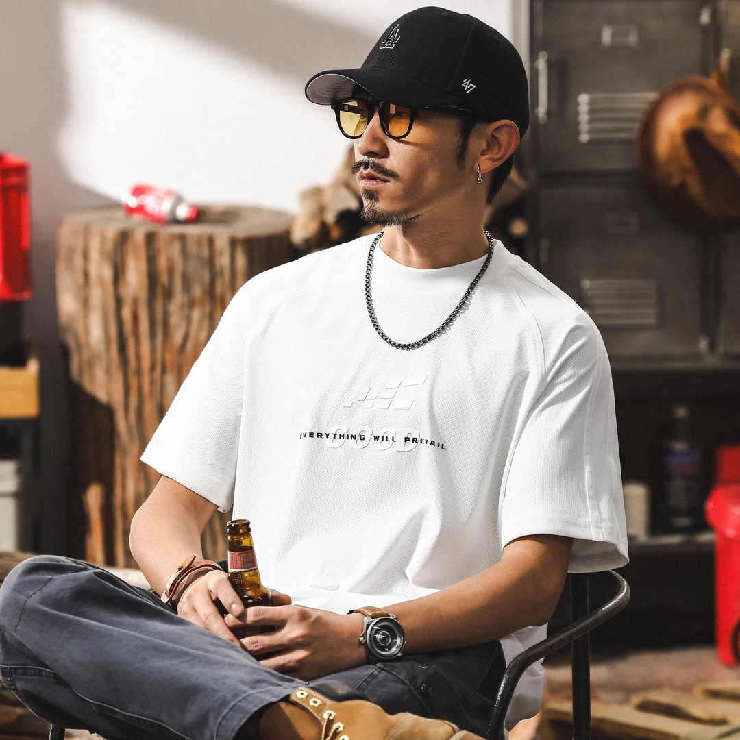 薄款网眼运动凉感T恤男夏季2025新款短袖美式立体感印花宽松上衣