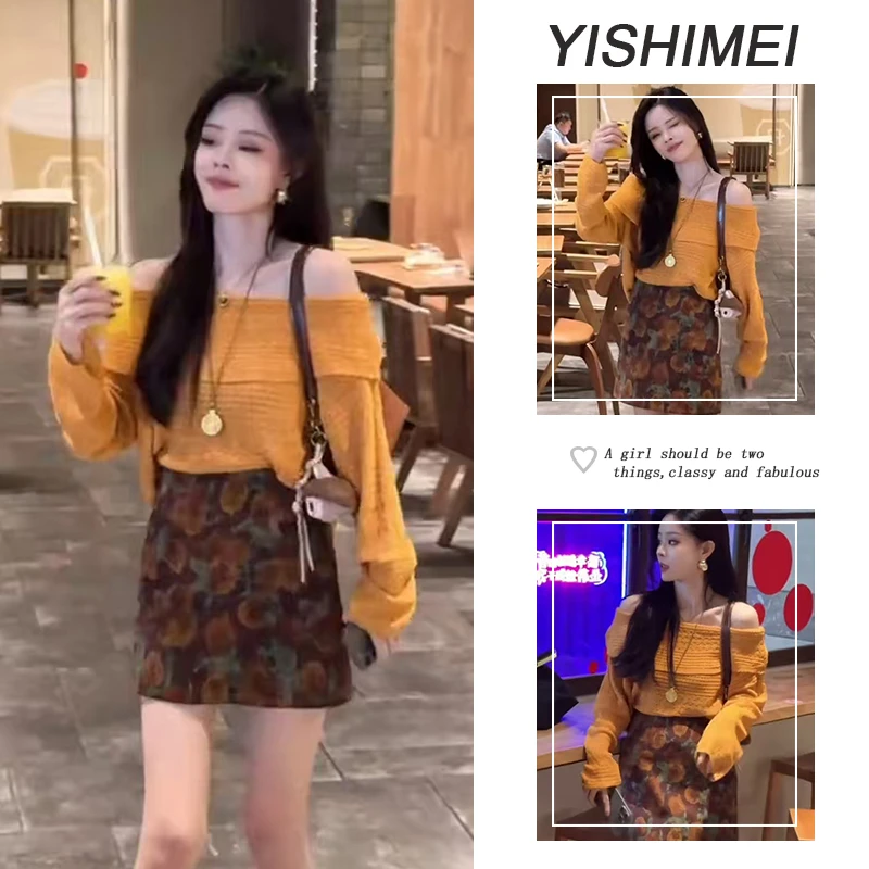 秋季时尚穿搭2025年新款韩版一字肩长袖针织上衣复古短裙两件套装