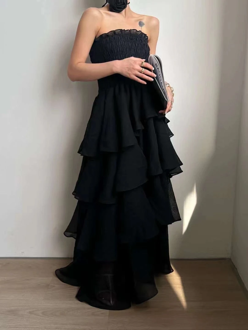 甜美纯欲褶皱抹胸公主气质蛋糕连衣裙收腰显瘦长款