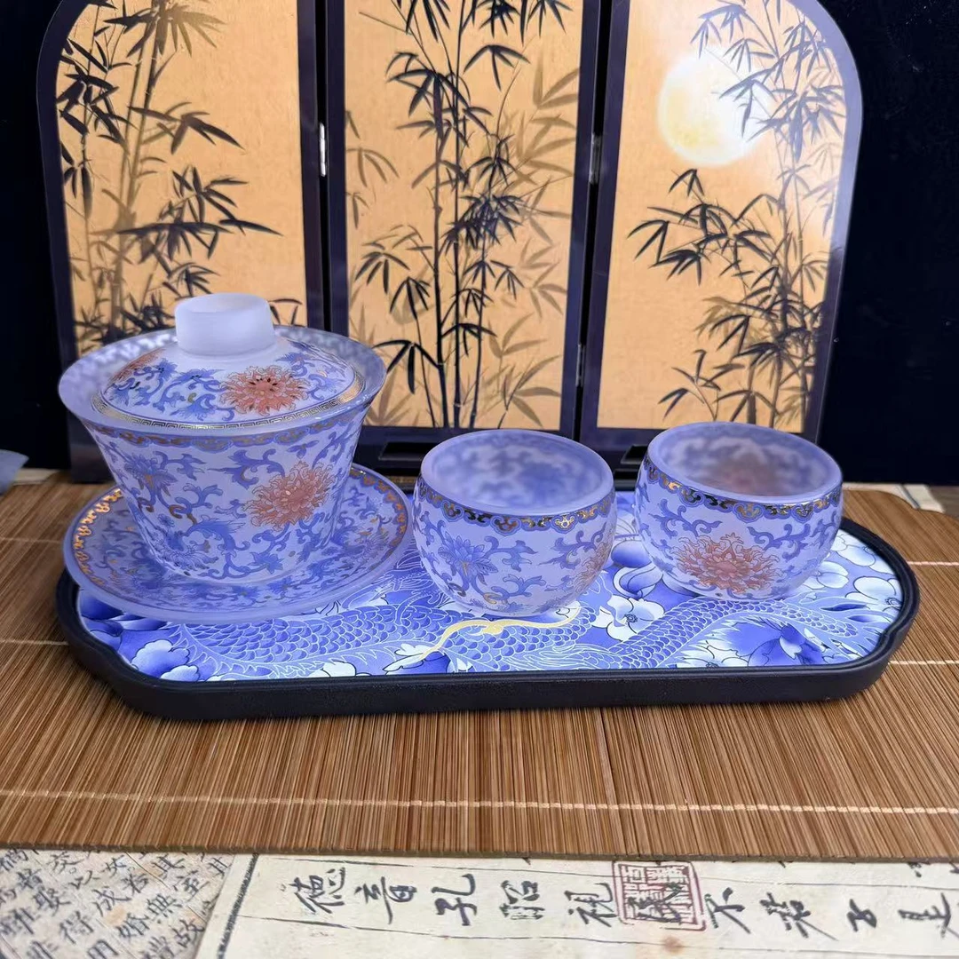 磨砂-琉璃缠枝莲三才盖+2客杯+茶盘@ZHZ1062