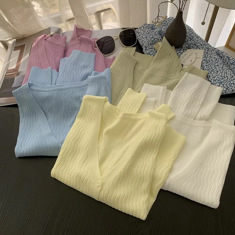 7967  v领针织开衫毛衣外套女春秋季外搭修身显瘦短款长袖上衣