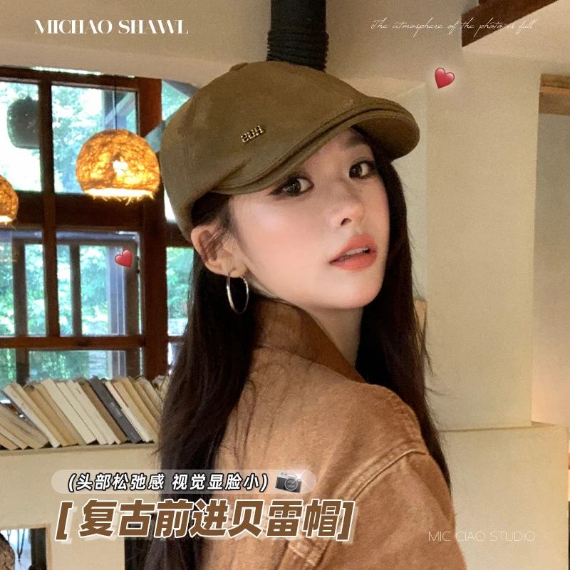 新款大头围显脸小日系复古前进帽女报童帽子秋冬画家贝雷帽子女款