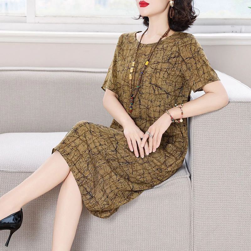 中长款棉绸连衣裙夏季新款圆领妈妈外穿气质减龄宽松遮肉短袖裙子