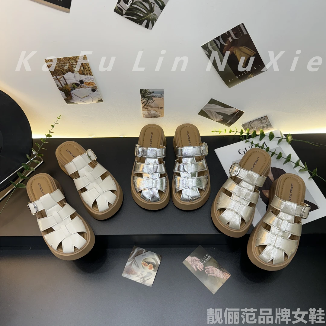 【卡芙琳shoes】厚底小个子凉拖鞋女夏外穿新款镂空编织包头半拖鞋