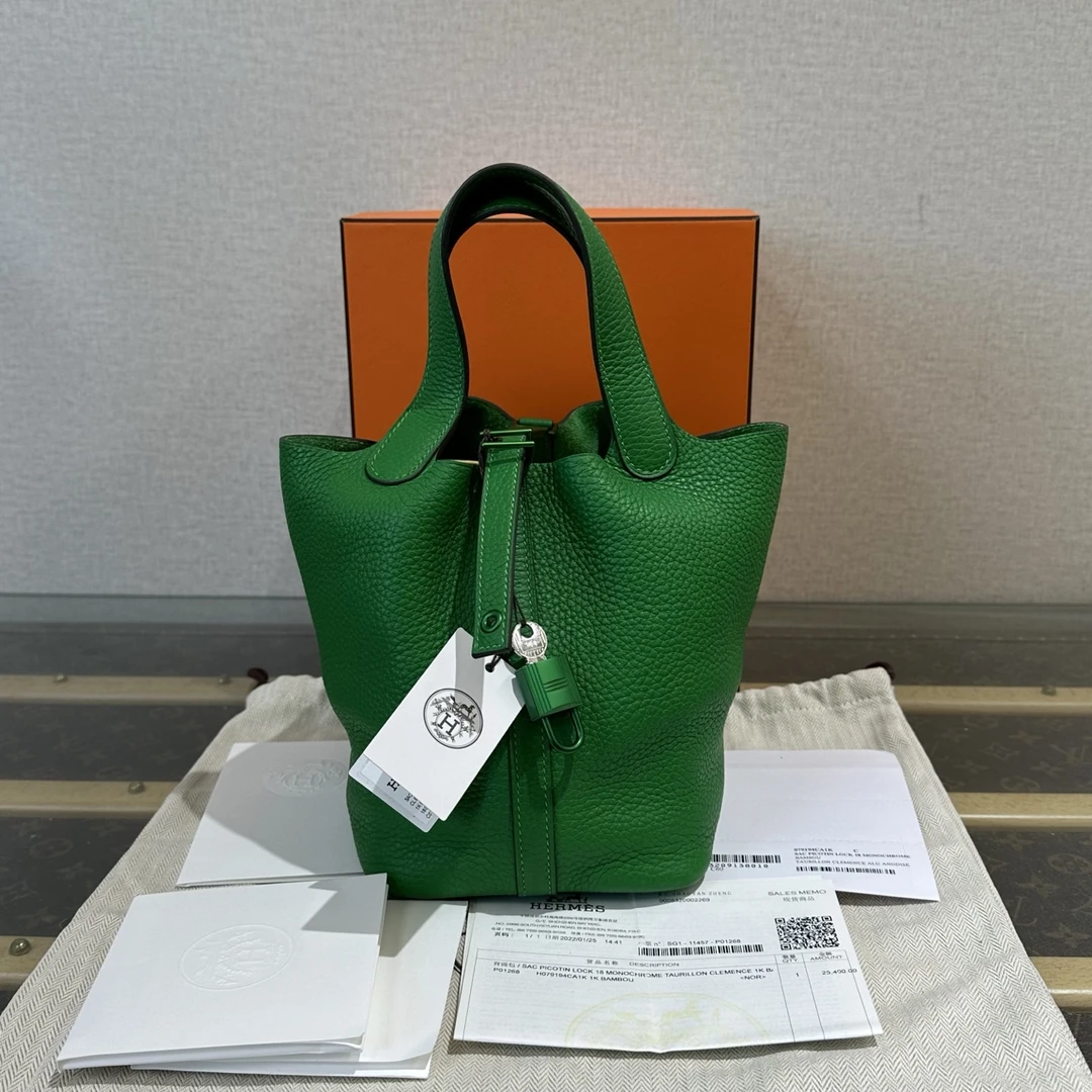 95新 Hermes/爱马仕 竹子绿菜篮子18手提袋 21128