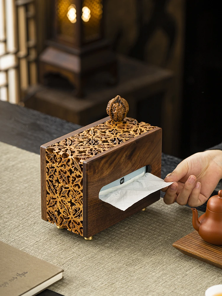 核桃纸巾盒家用中式手工胡桃木客厅餐厅卧室茶室大气简约复古创意