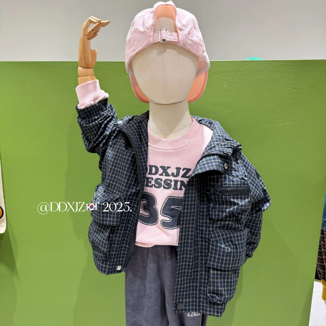 【达不溜】春款儿童韩版休闲时尚男女童冲锋衣格子连帽外套 25016