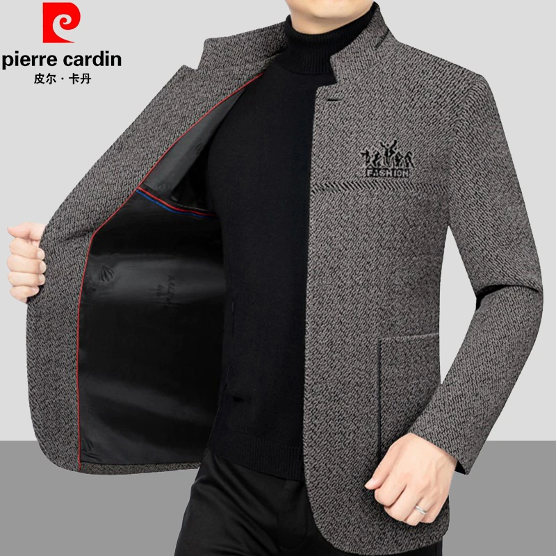皮尔卡丹春秋季爆款男士休闲立领毛呢夹克男中年休闲防风外套男装
