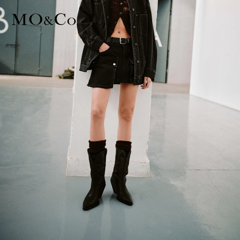 【小余专属】MOCO夏解构立体贴袋低腰短款黑色牛仔半身裙MBD1SKTT10