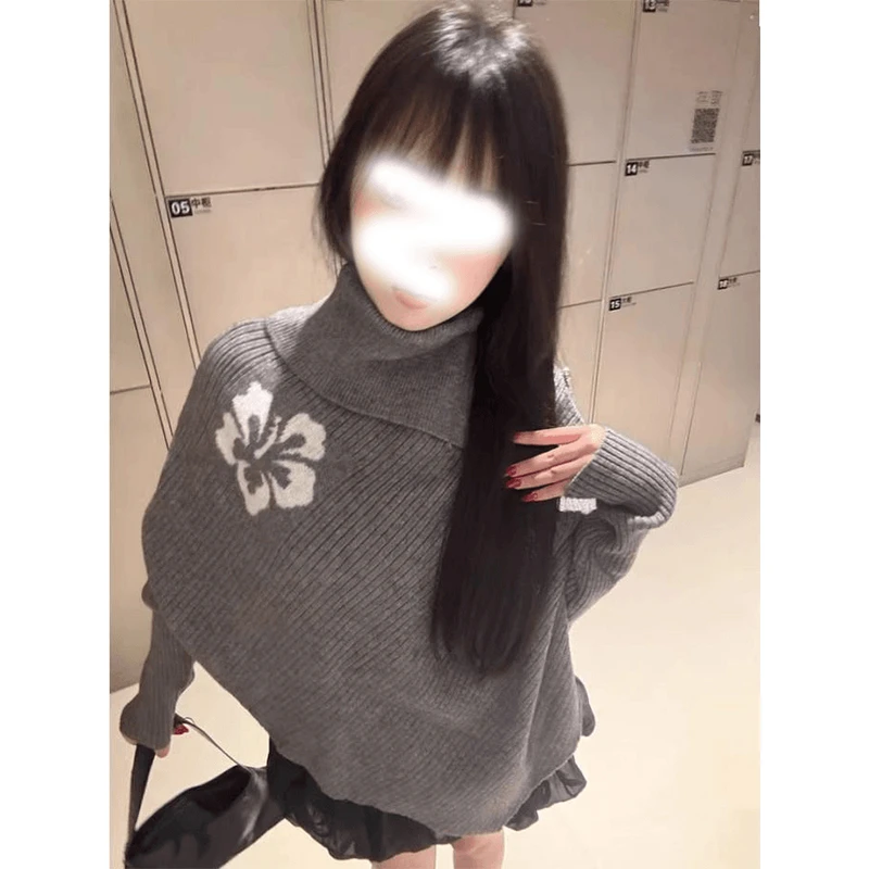 针织衫灰色花朵高领早秋季韩系高级感慵懒风不规则宽松套头毛衣女