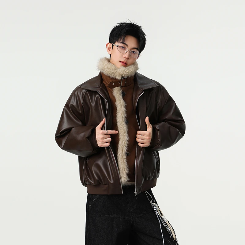 美拉德毛领PU皮衣棉服男冬季座山雕加绒加厚短款棉衣立领保暖外套