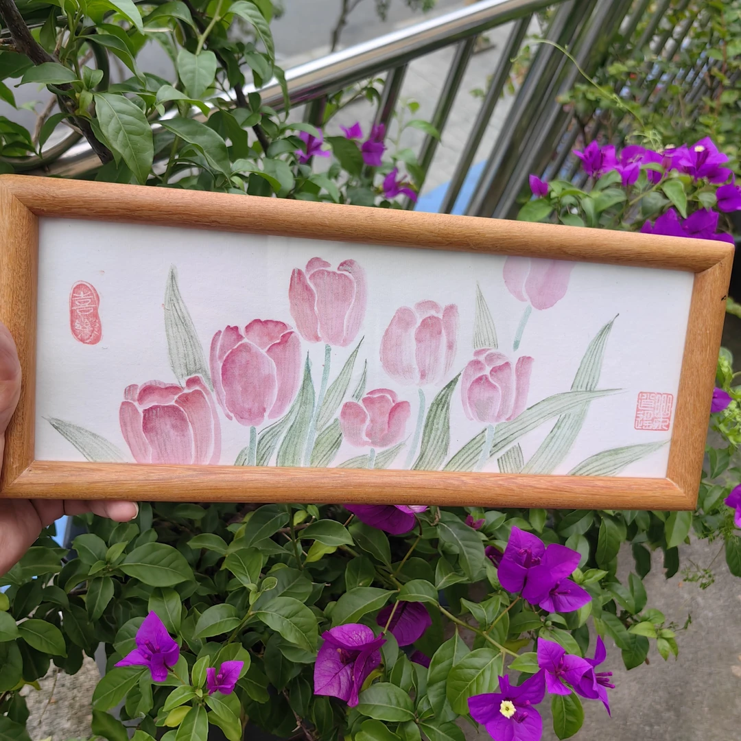 奶油风郁金香卧室床头装饰画北欧暖色客厅背景墙挂画