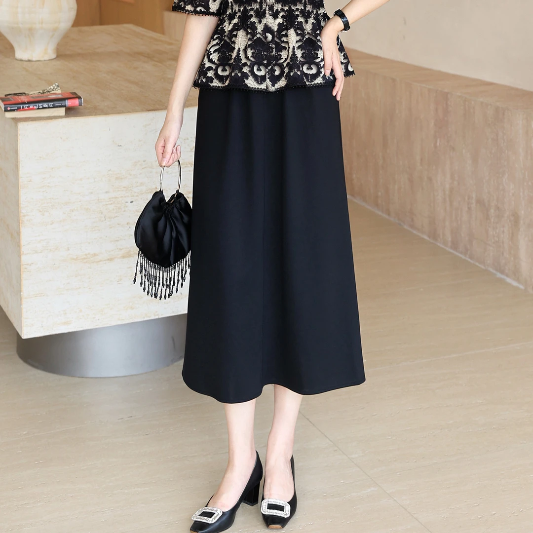 枫竺女装阿楠anan全松紧腰弹力醋酸遮胯显瘦夏季直筒黑色半身裙