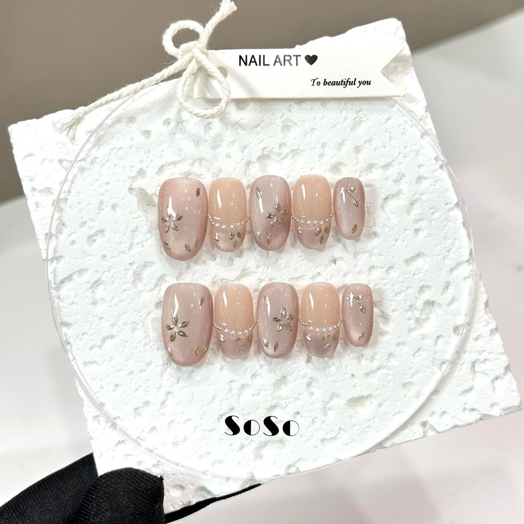 Nice SoSo【浮世繁花】短椭圆纯手工穿戴甲纯欲手绘珍珠新中式气质