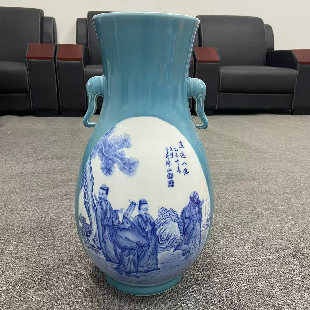 仿古瓷 青花开窗人物纹鹿头尊
