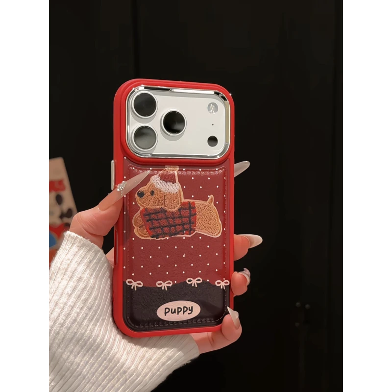 红帽子小狗适用苹果17pro手机壳16PM电镀皮纹小众华为p70女小米15