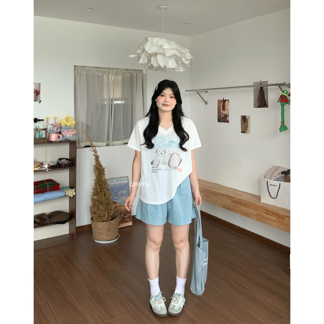 青屿衫-慵懒风卡通小狗印花T恤宽松休闲上衣微胖显瘦春季大码女装