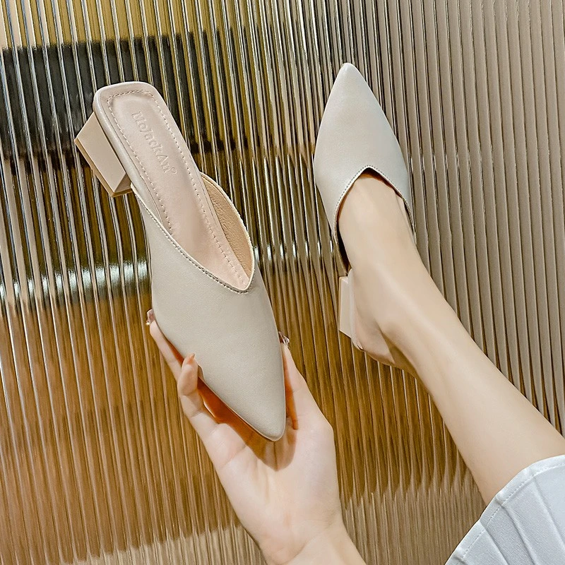 广州女鞋真皮新款法式半托单鞋尖头包头半拖鞋女夏外穿懒人穆勒鞋