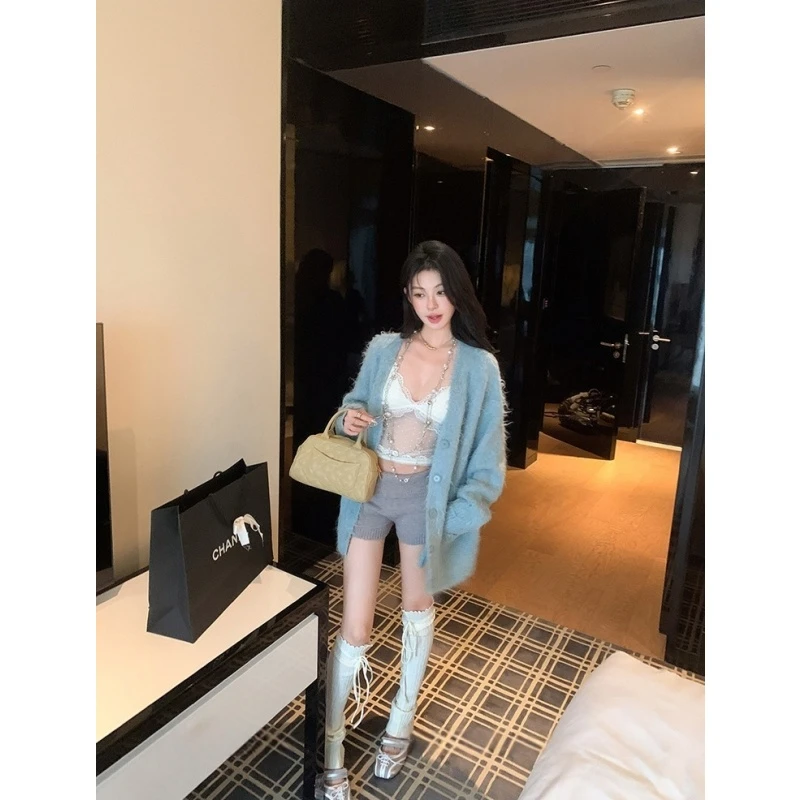 复古慵懒气质减龄长袖针织开衫女秋季时髦套装辣妹休闲短裤两件套