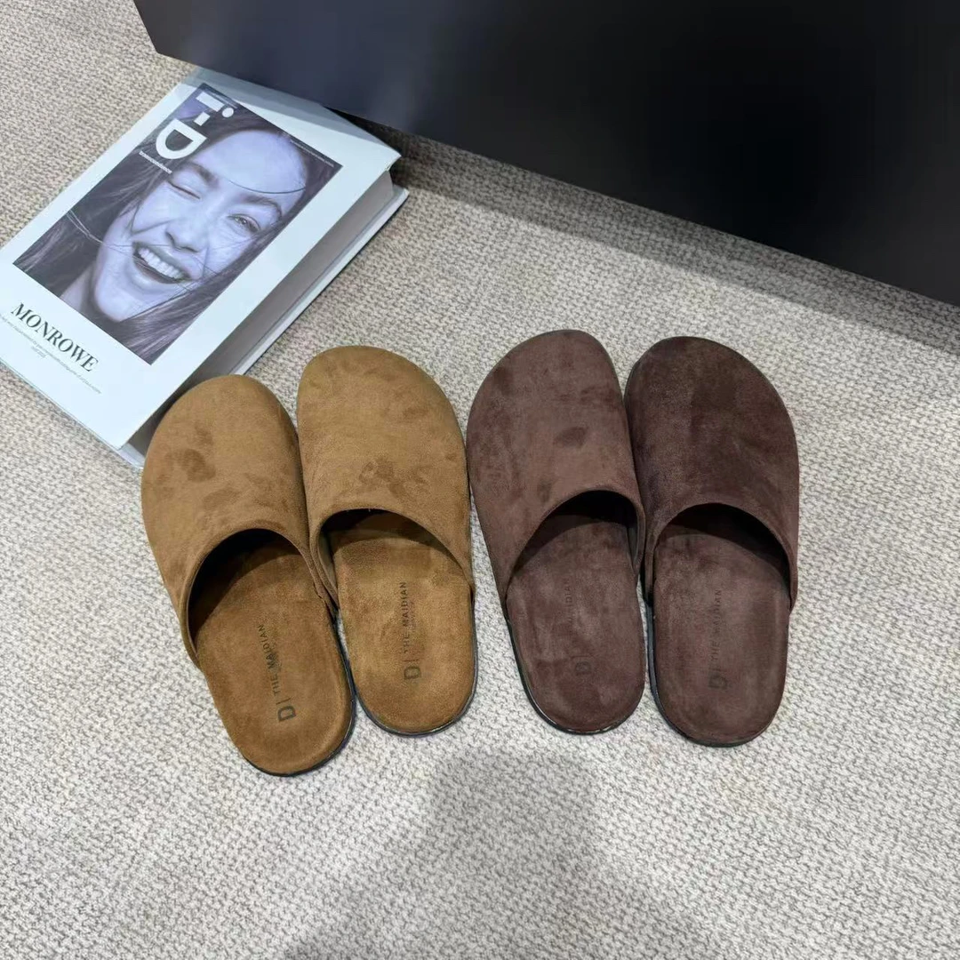 舒适日式平底反绒包头拖纯色包头中跟皮拖鞋日常休闲软底p6609