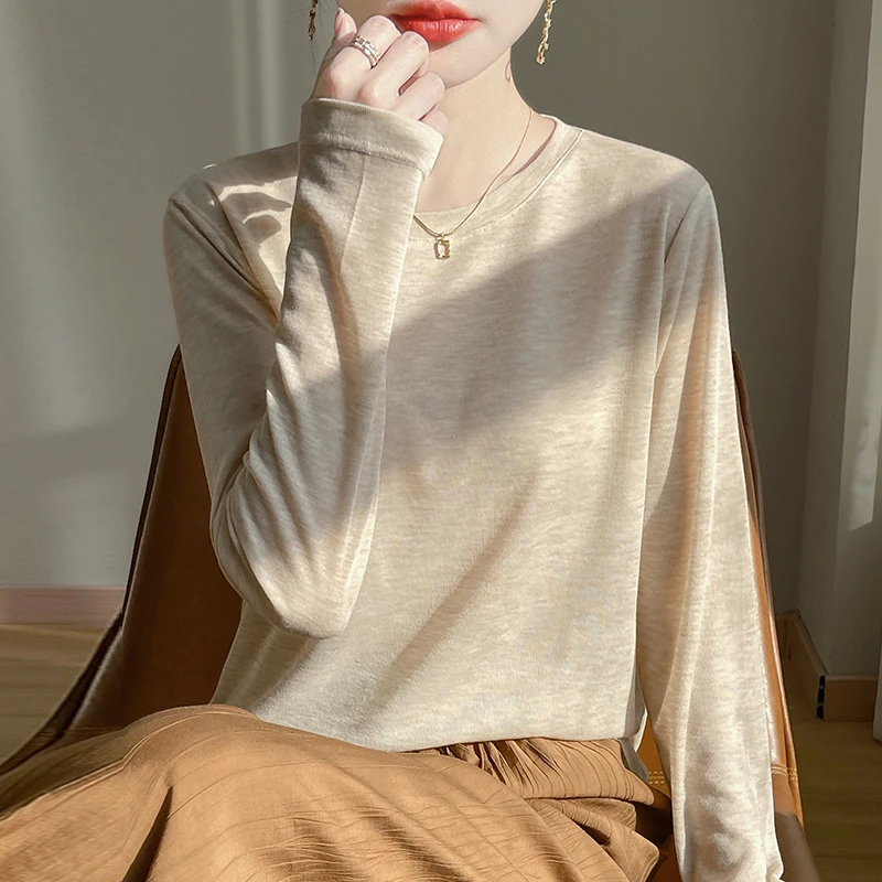 莱赛尔天丝春秋圆领针织衫女长袖打底衫YMTA60