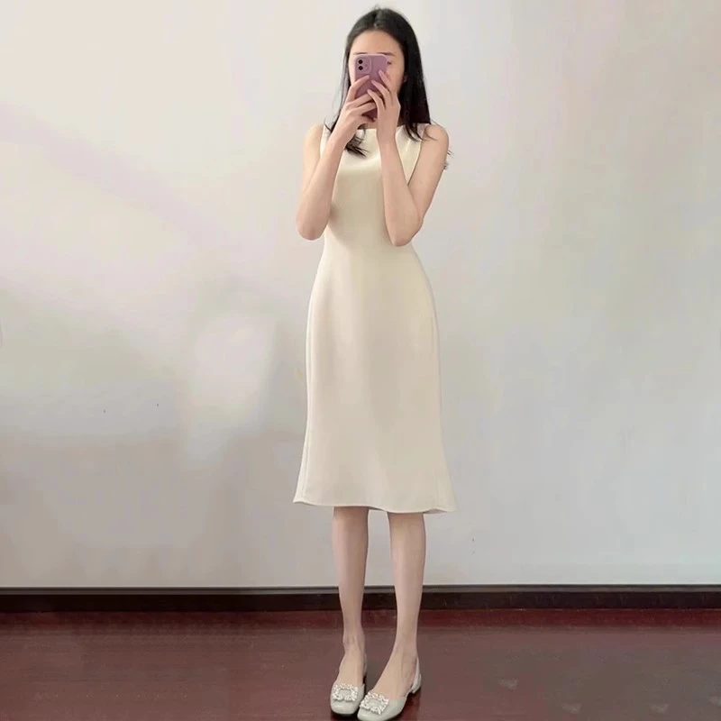 时尚气质修身无袖连衣裙女2025春夏季新款通勤杏色收腰中长鱼尾裙