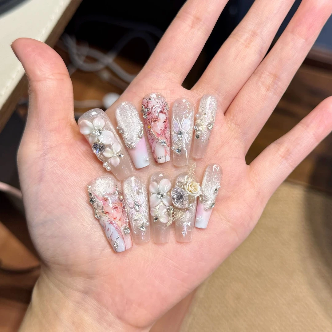 独角兽少女 长T | 马年星愿美少女独角兽雕花满钻梦幻手工穿戴甲