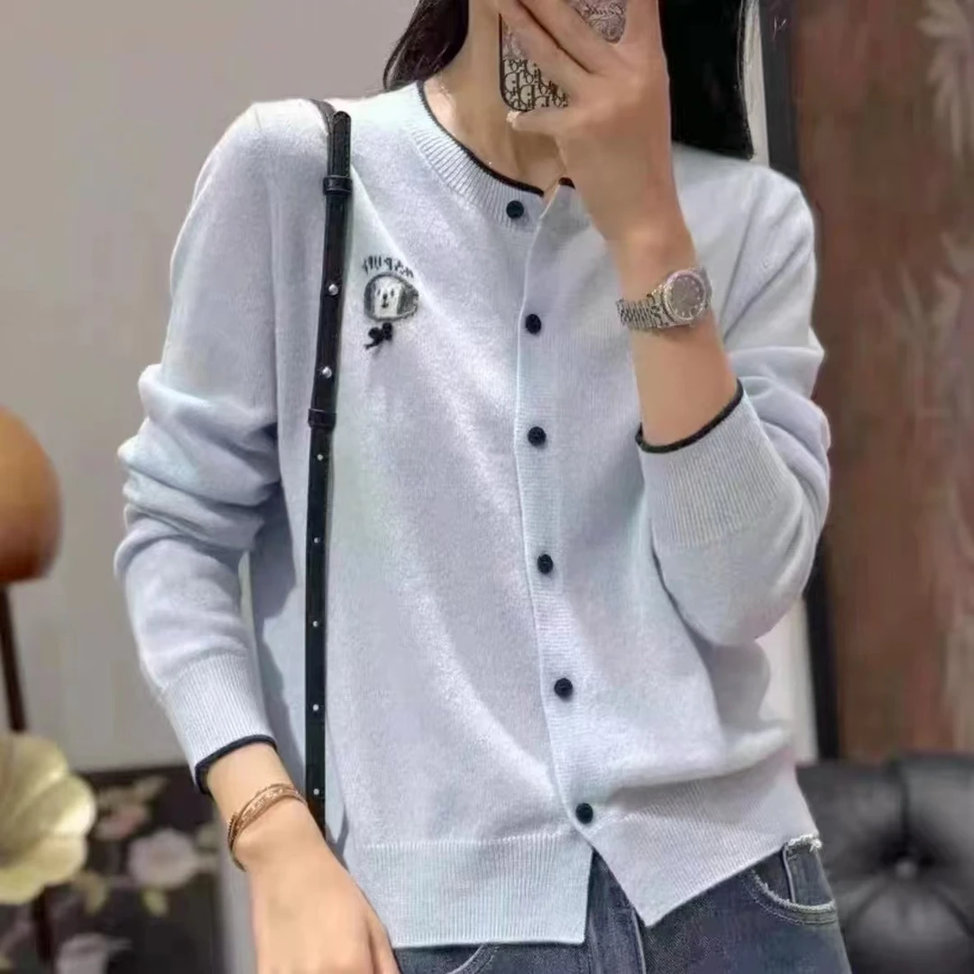 124-35%羊绒开衫圆领内搭上衣招财狗刺绣宽松针织衫外套气质时尚