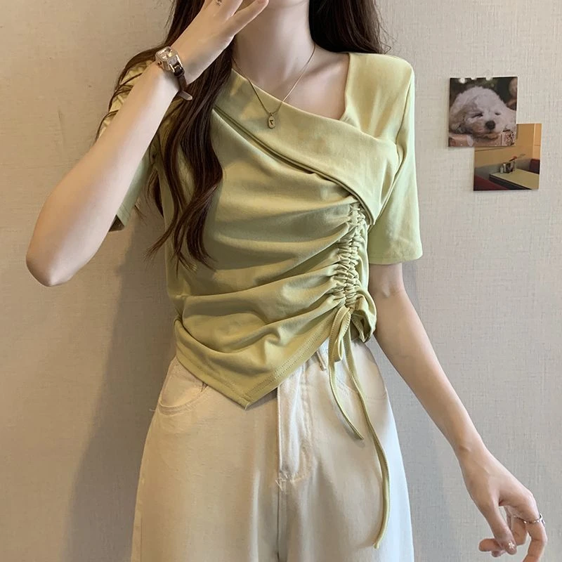 设计感下摆不规则侧边抽绳短袖韩版正肩袖T袖女夏季甜辣上衣时尚