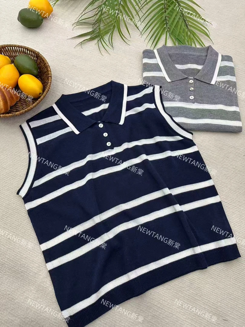 【翻领条纹】252时尚夏季显瘦翻领条纹背心