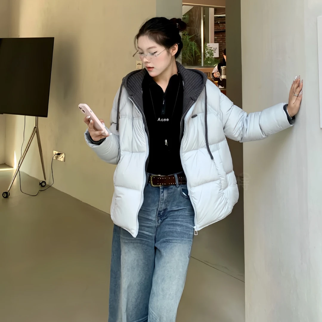 【韩衣舍】假两件连帽白鸭绒拼接加厚保暖羽绒服外套冬季宽松