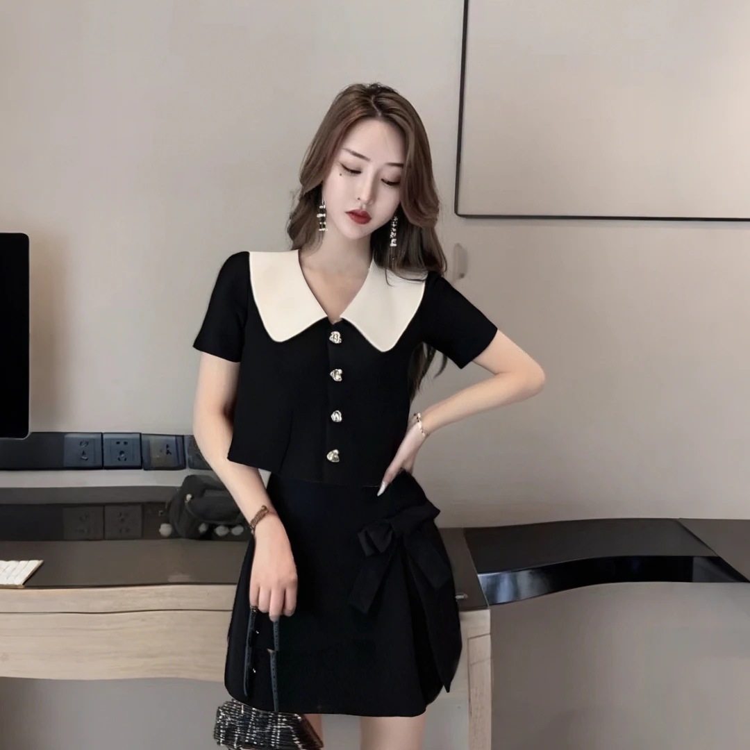 A【两件套】小香风娃娃领时尚套装女通勤短款西装上衣高腰半裙D0841