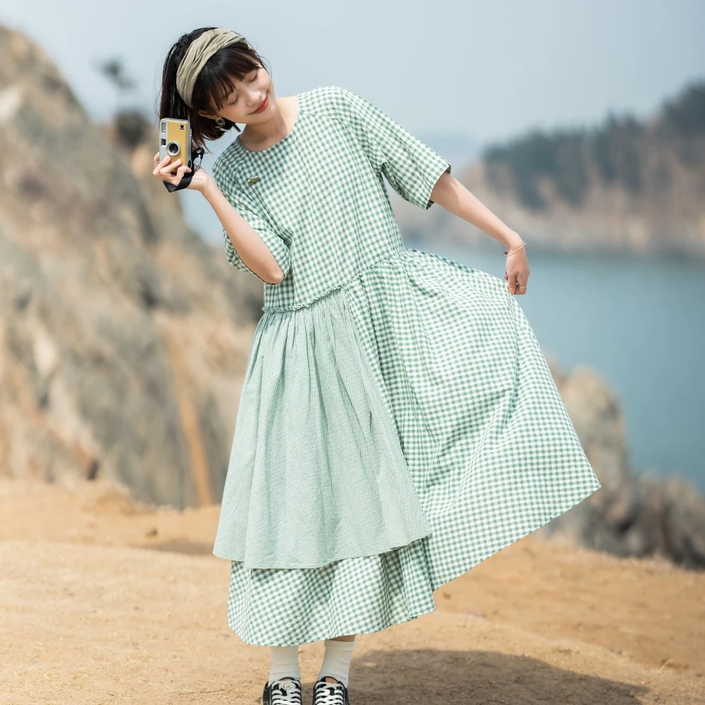 古苔 苏打绿格子连衣裙女 清新不规则拼接格子连衣裙