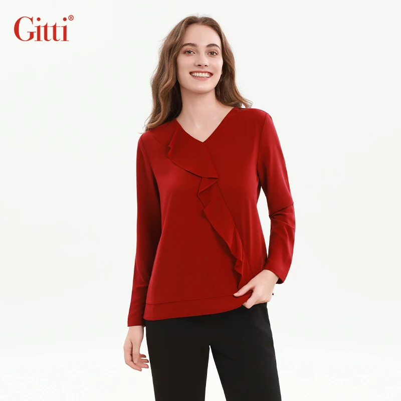 Gitti/吉蒂V领荷叶花边拼接长袖T恤女宽松大码显瘦上衣G255004