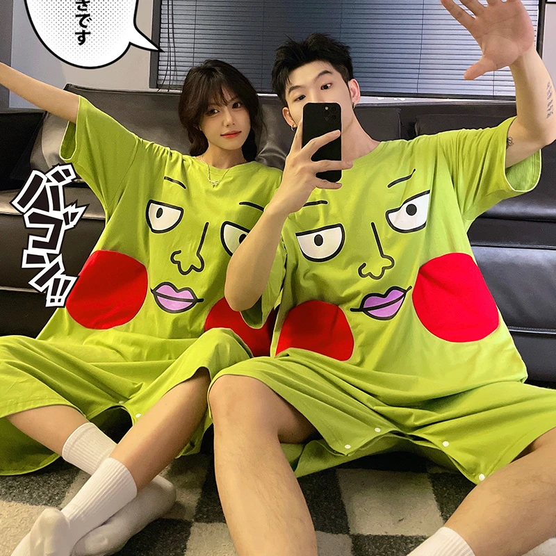 小酒窝卡通夏季纯棉中长款情侣连体睡衣薄款短袖学生大码空调服