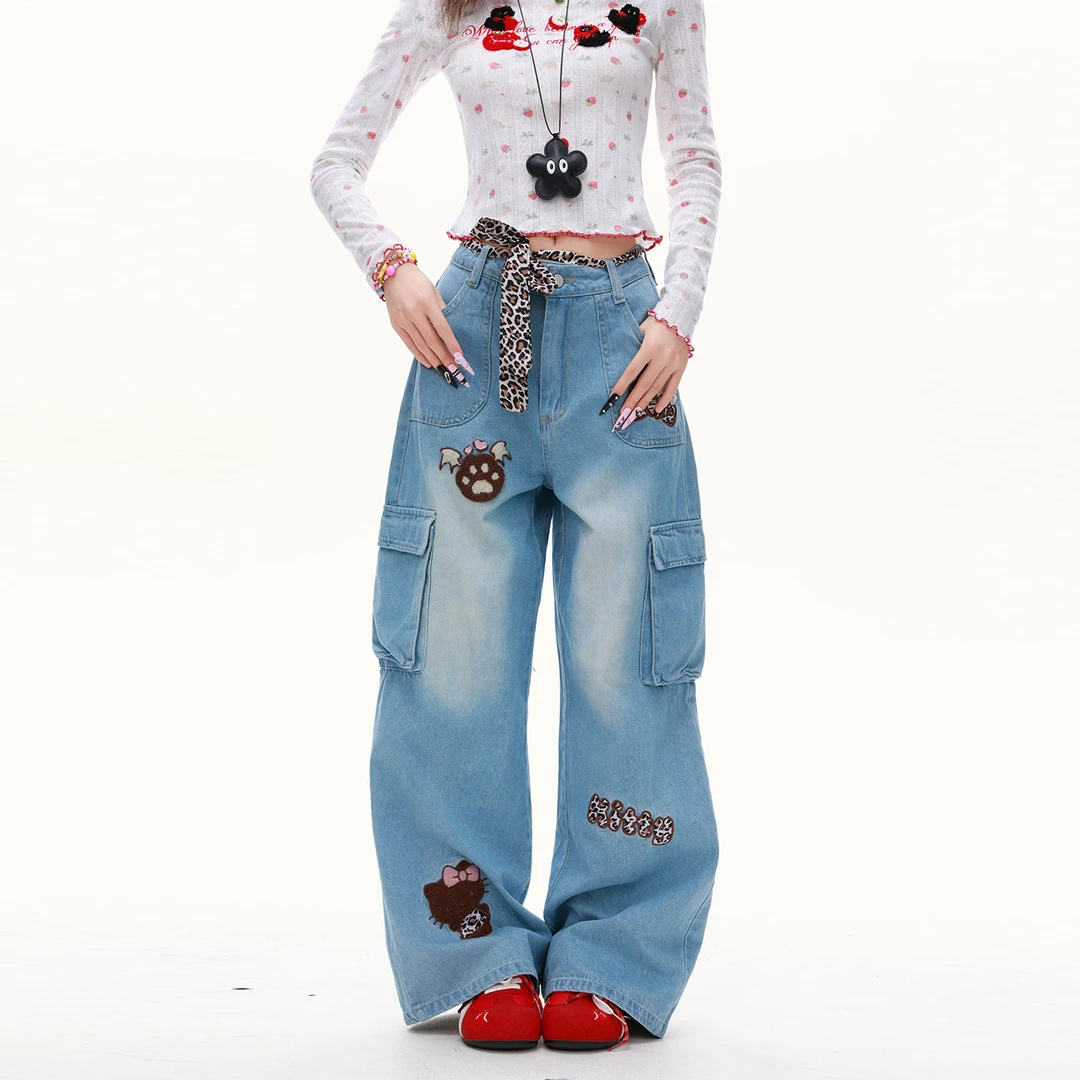 大码美式街头kitty猫植绒刺绣牛仔裤高腰洗水多口袋休闲直筒长裤