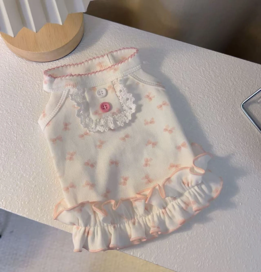 粉色蝴蝶结挂脖背心宠物衣服｜小饼干手作