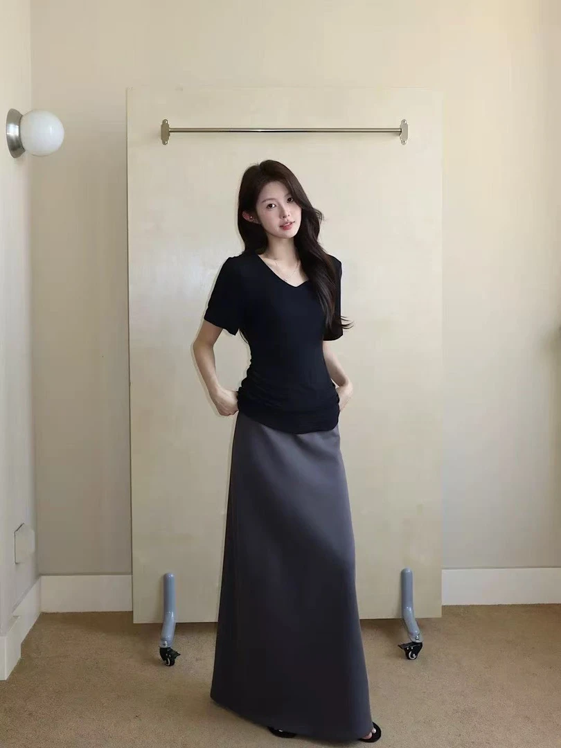 高腰显瘦垂感纯色长款鱼尾半身裙气质简约