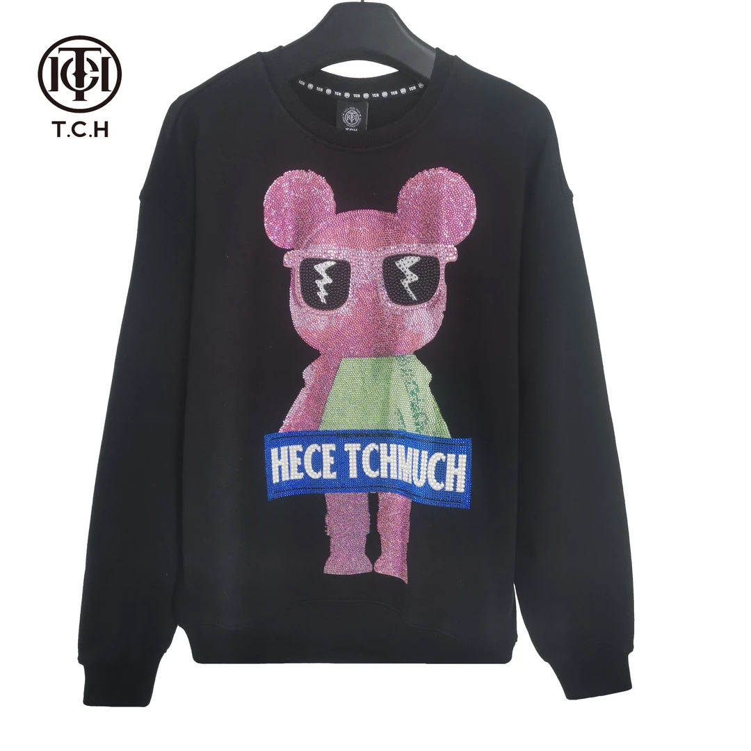 潮牌-TCH潮牌22年新款墨镜小熊烫钻时尚黑色圆领卫衣T66C11E6018