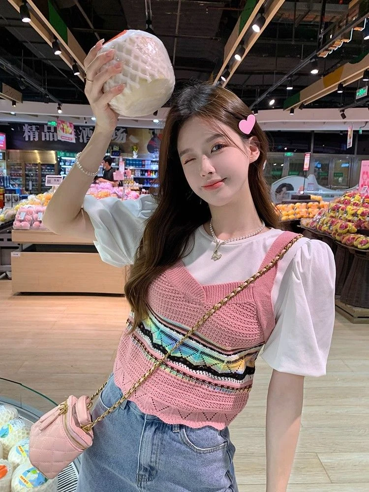 粉色假两件针织冰丝短袖t恤女夏季法式高级感气质别致绝美小上衣