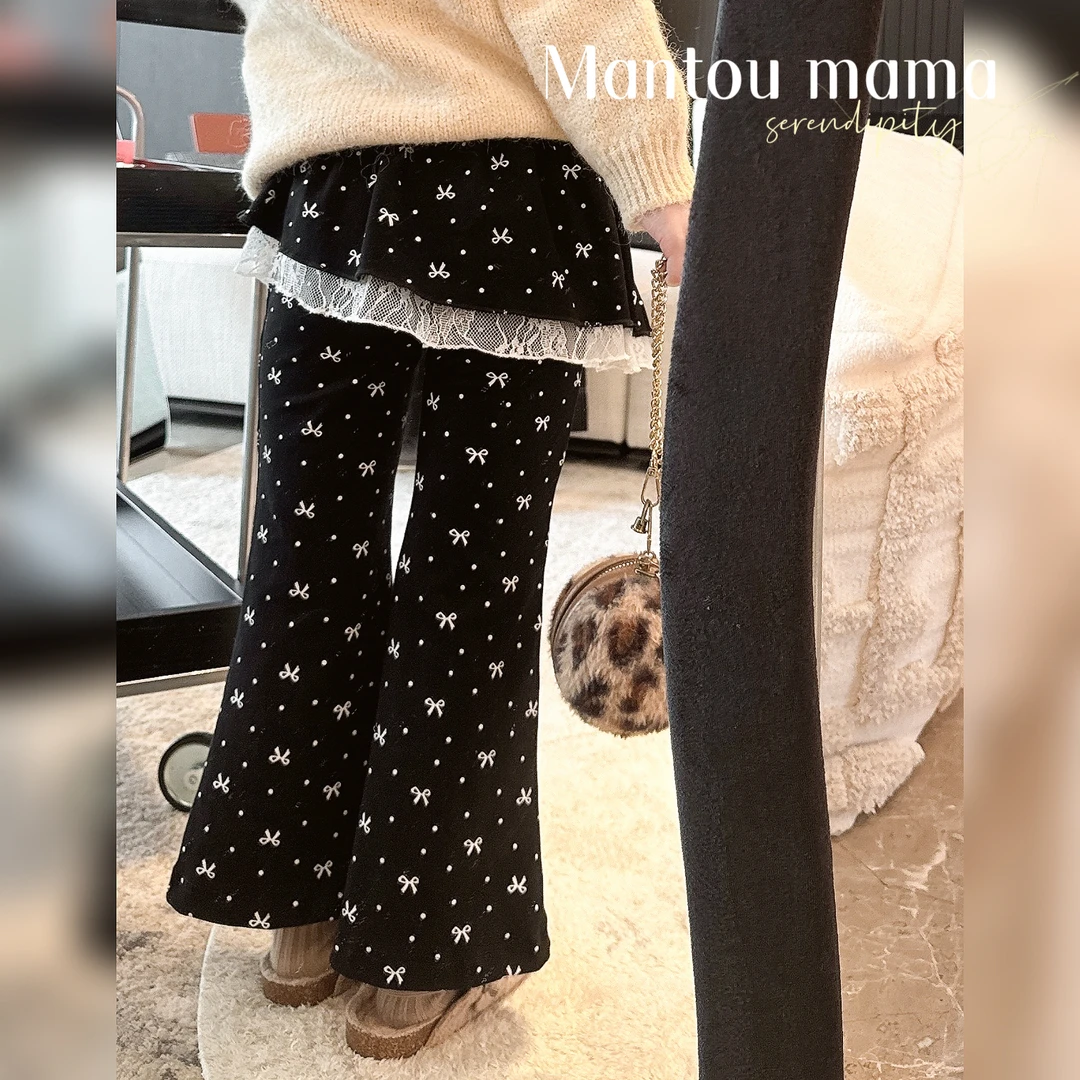 【Mantoumama】33【新款】假两件蝴蝶结休闲微喇裤女童春秋百搭精致少