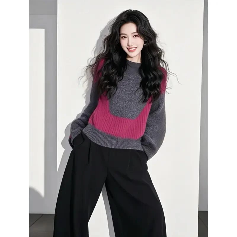 2025新款韩系慵懒高级感超好看上衣玫红拼灰宽松内搭针织毛衣女春